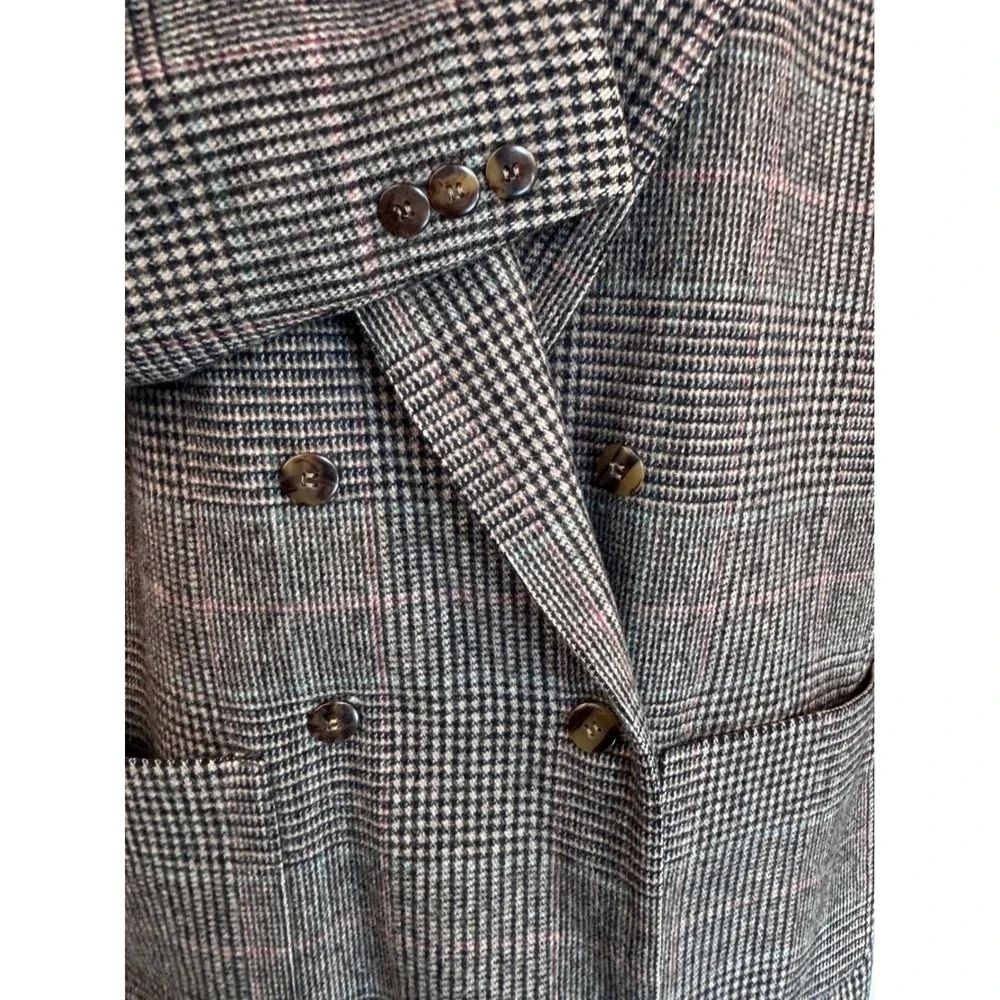 Vintage Plaid Wool Blazer 6 Suede Collar Brown‎ Double Breasted Preppy Clueless - Picture 8 of 12